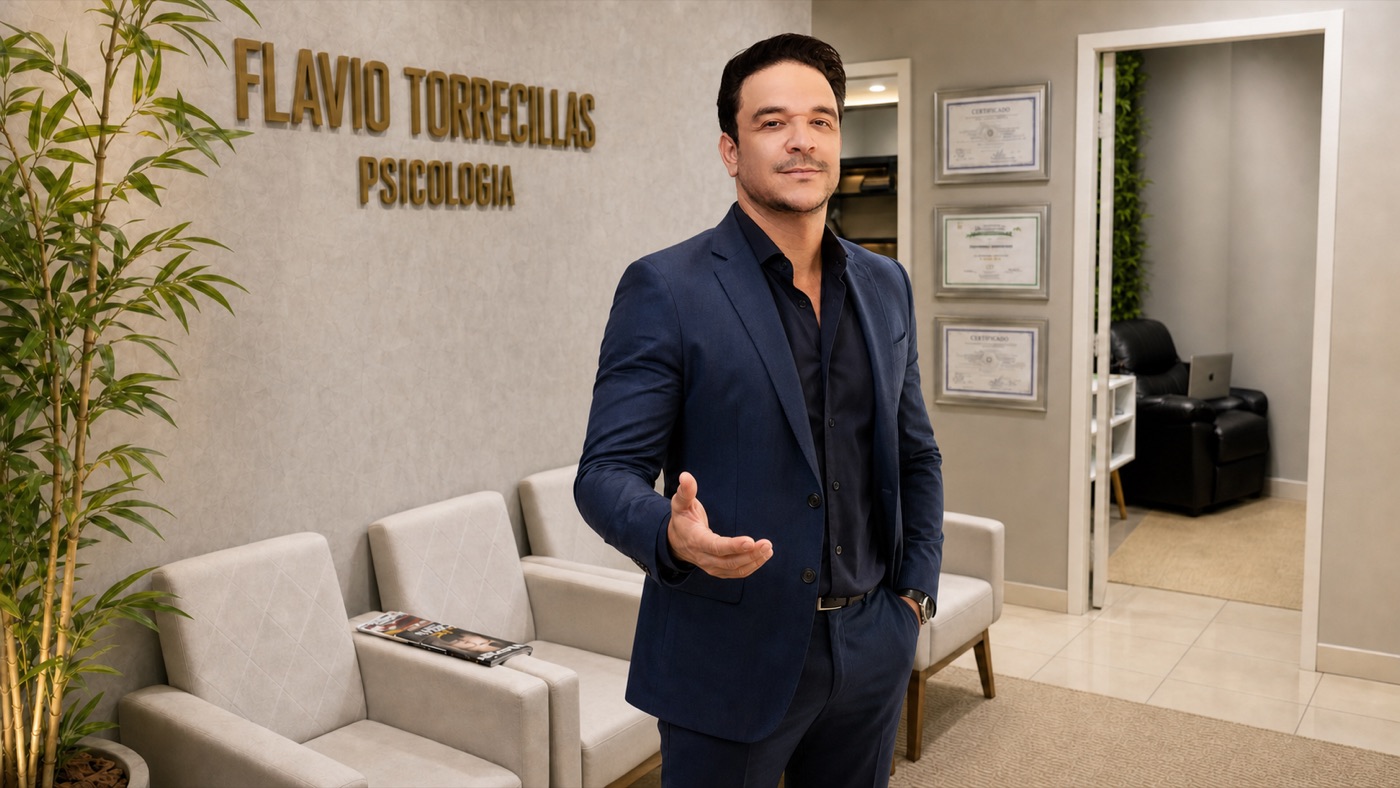 Dr. Flávio Torrecillas na recepção da clínica, em frente ao letreiro Flávio Torrecillas Psicologia